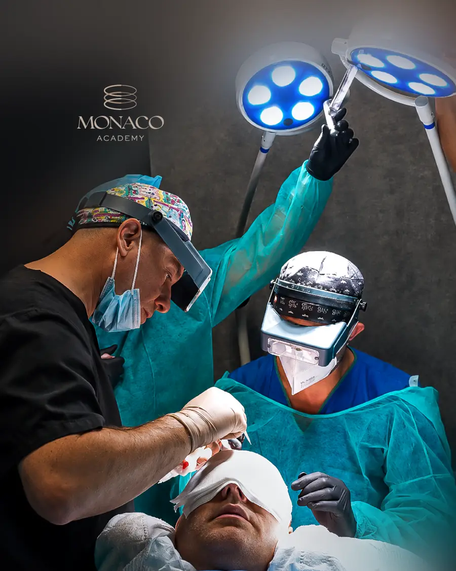 Injerto capilar en curso en el quirofano de Monaco Clinics