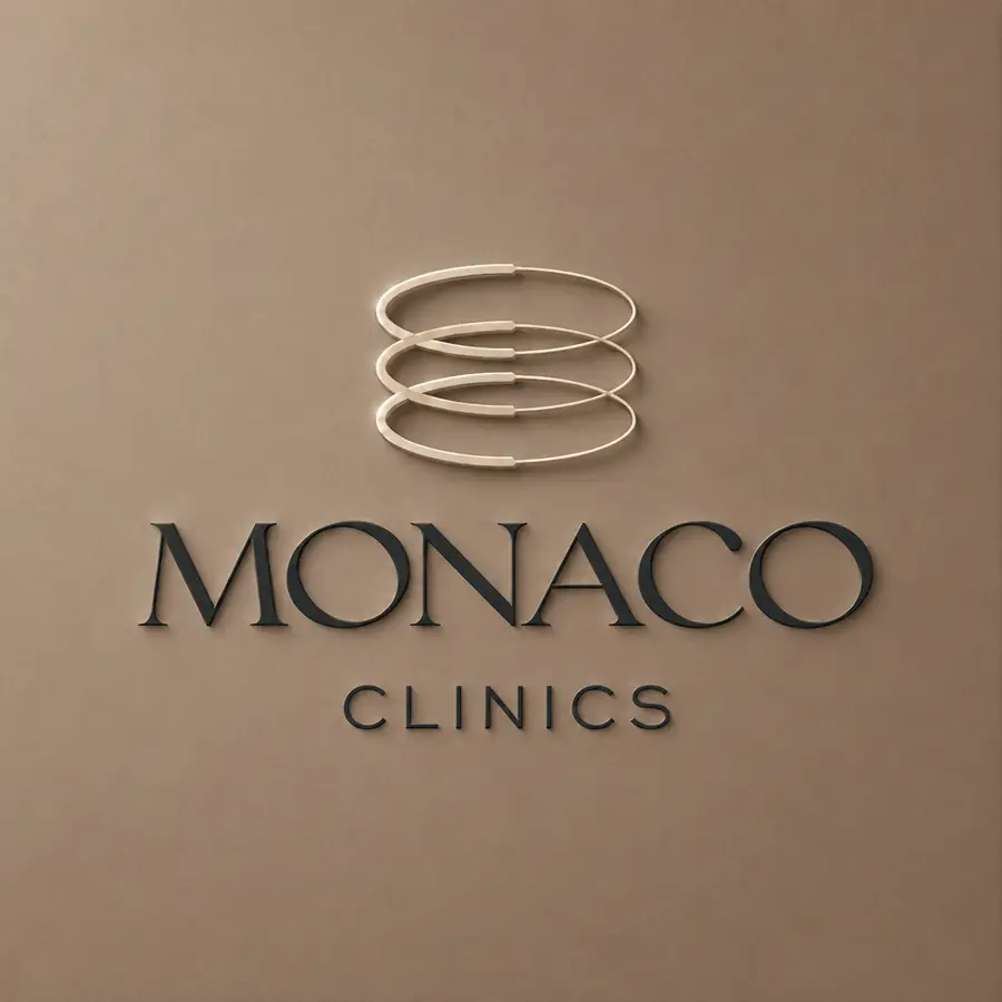 Rotulo de MONACO CLINICS en la pared de la clinica